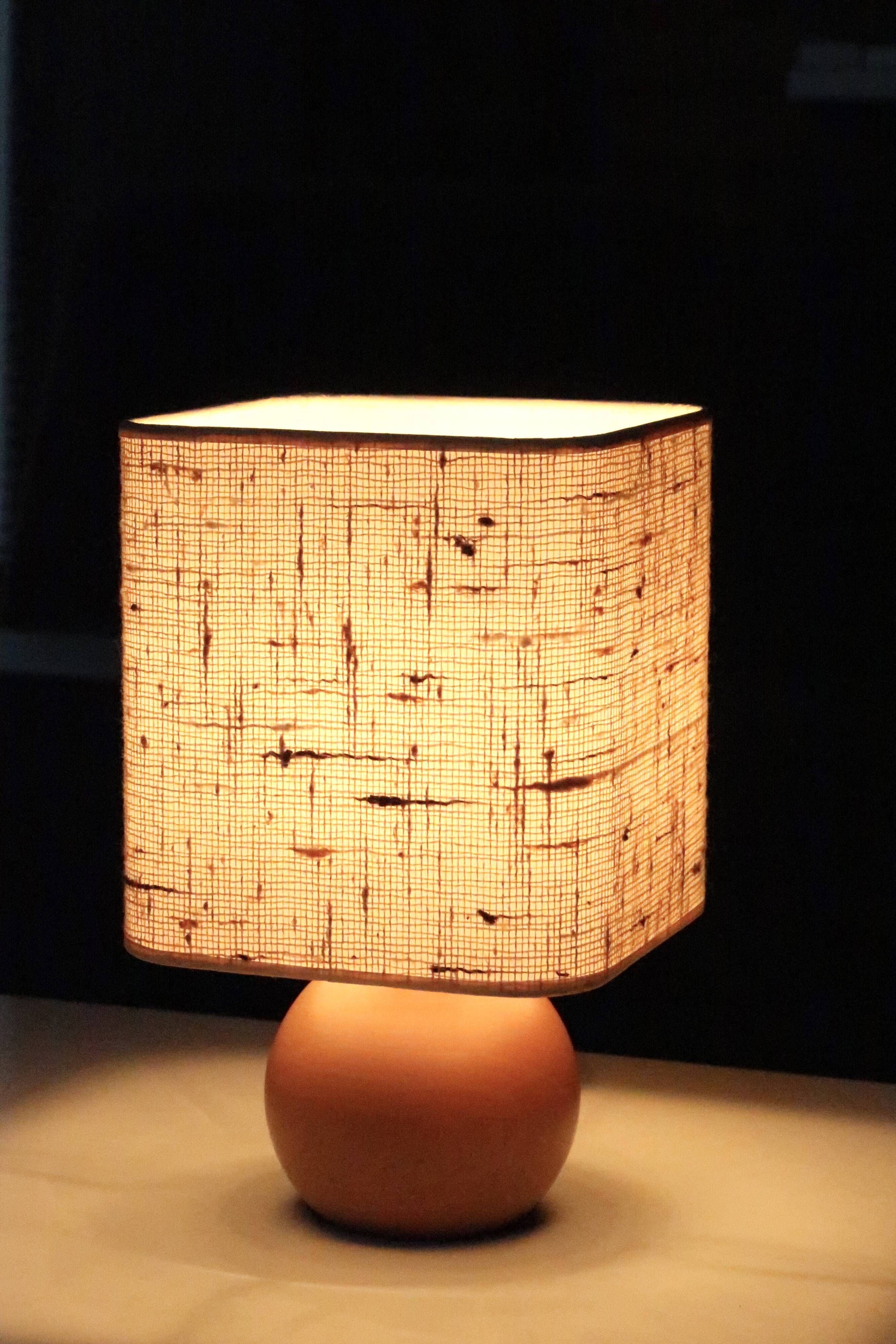 Lamp "ball" in blond wood, fabric lampshade, 70s