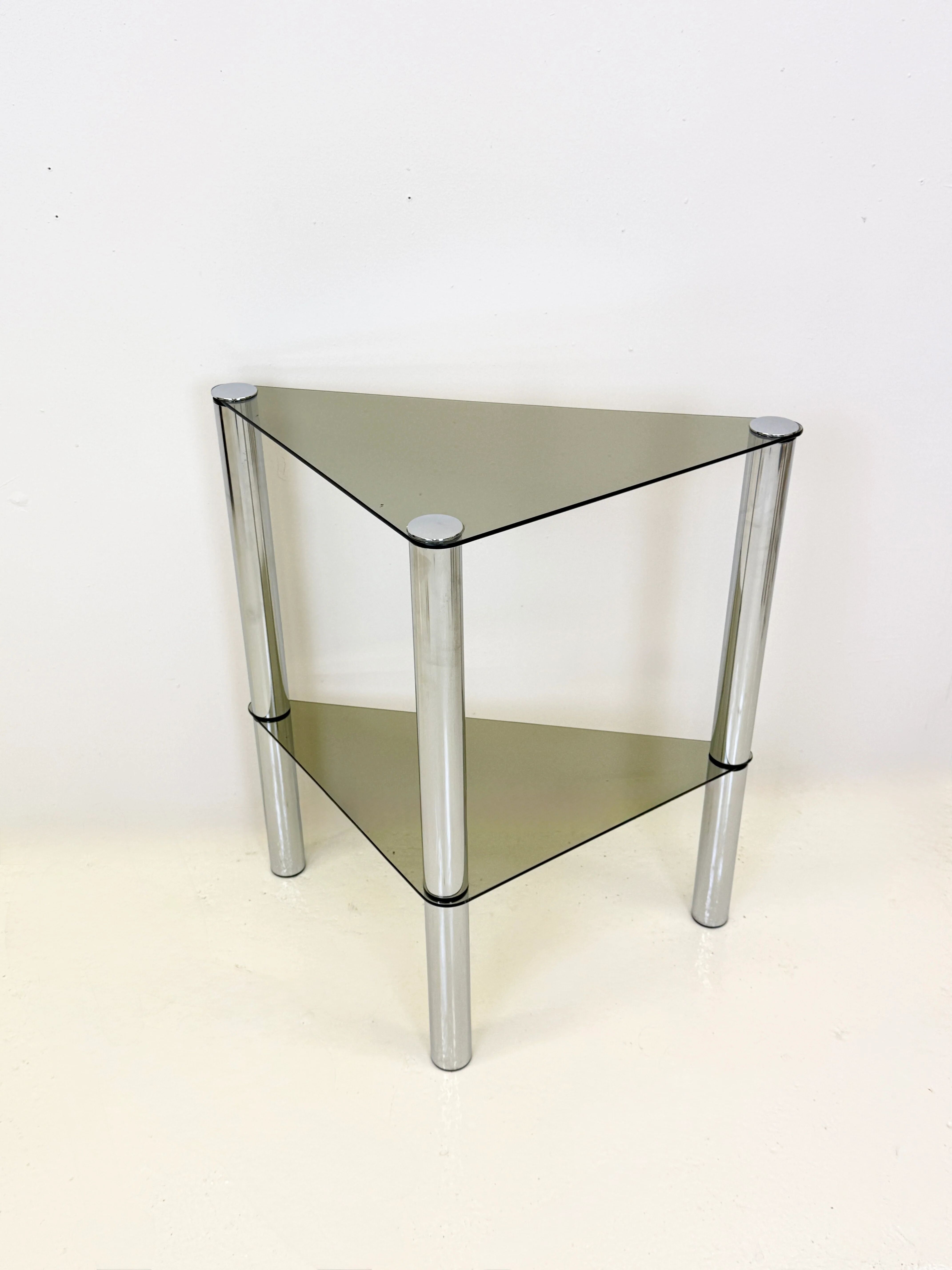 Smoked glass and chrome side table — France, 1970s
