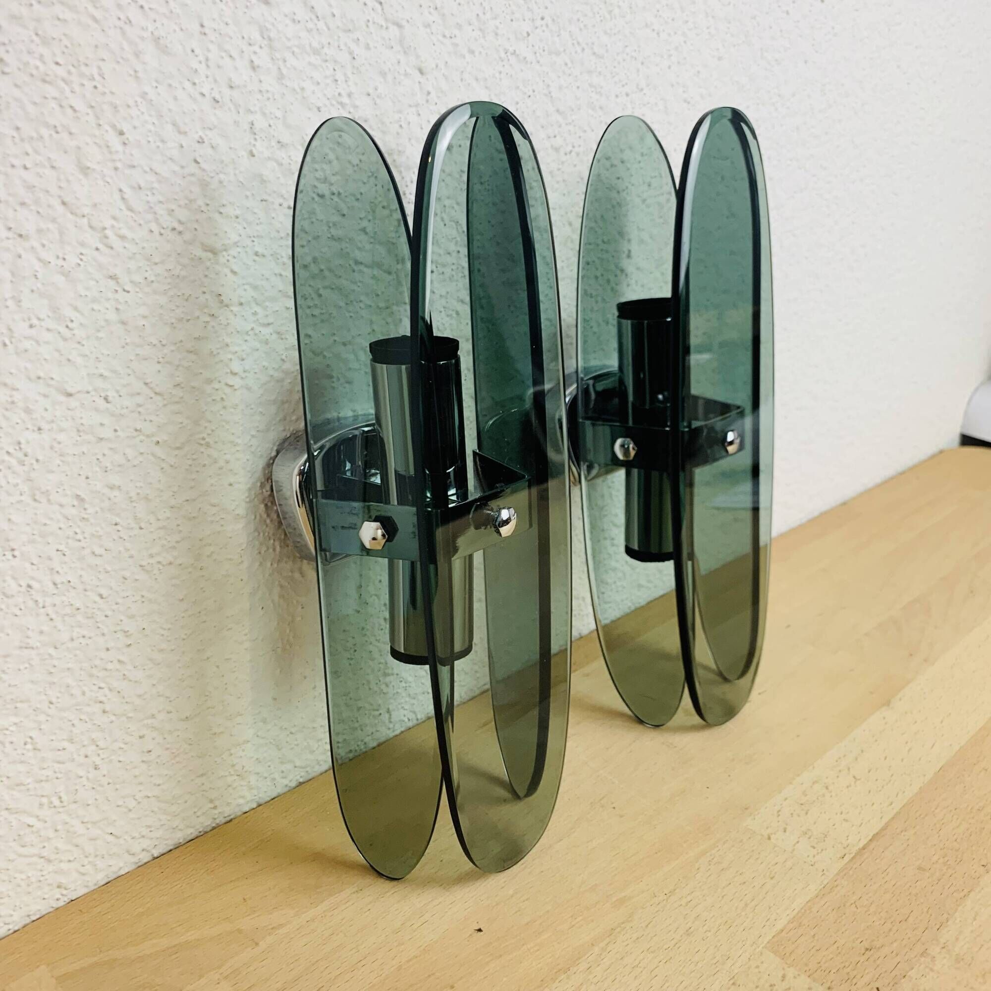 Pair of 70s smoked glass chrome wall lights