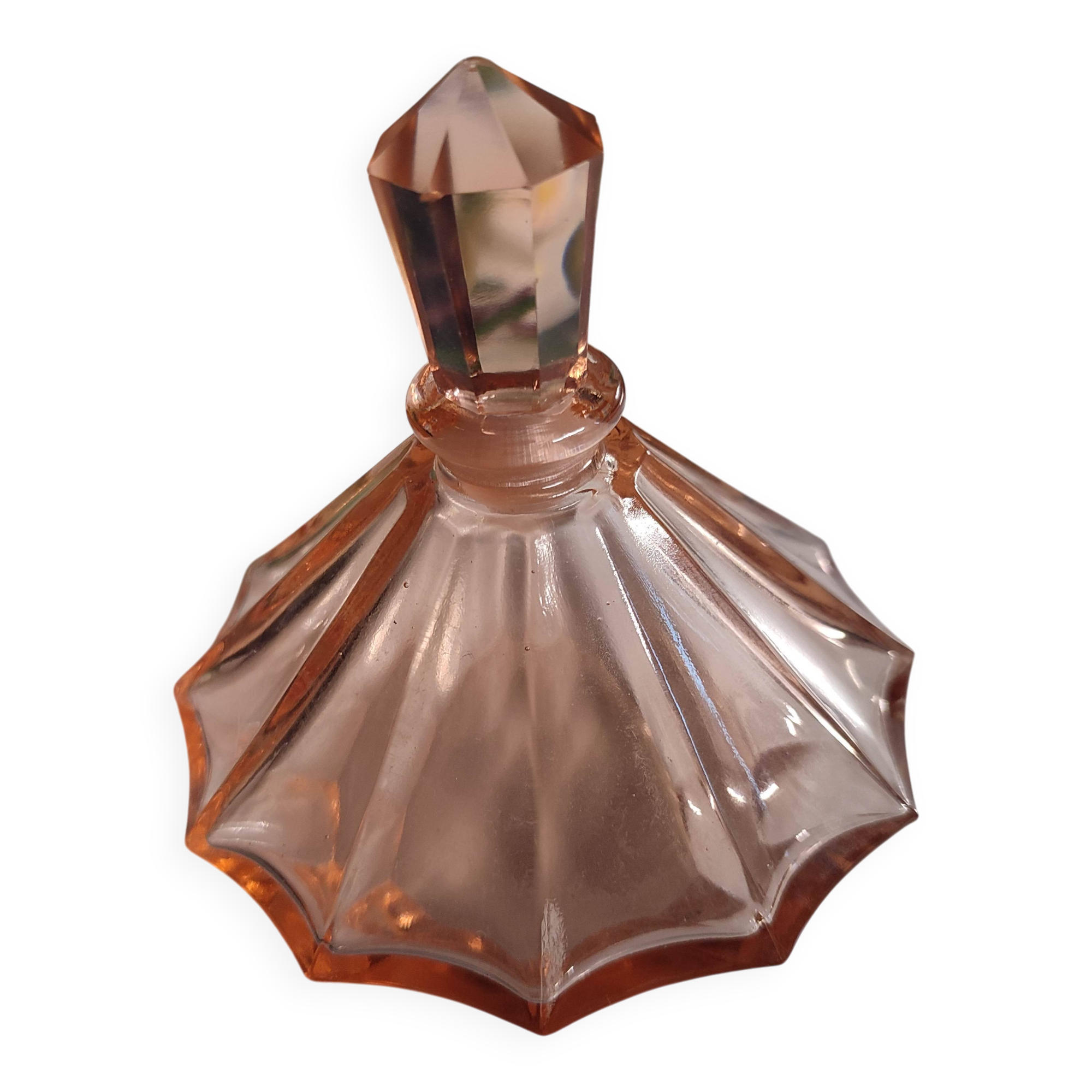 Vintage Art Deco perfume bottle in beautiful pink glass.