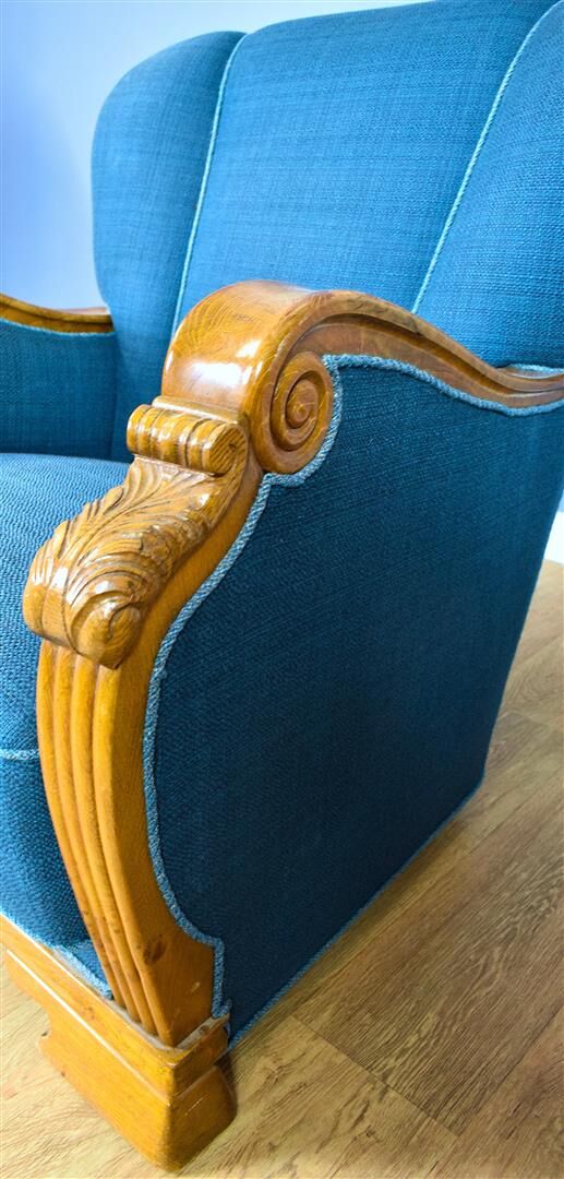 Mid century danish teal blue wool & oak club lounge chair
