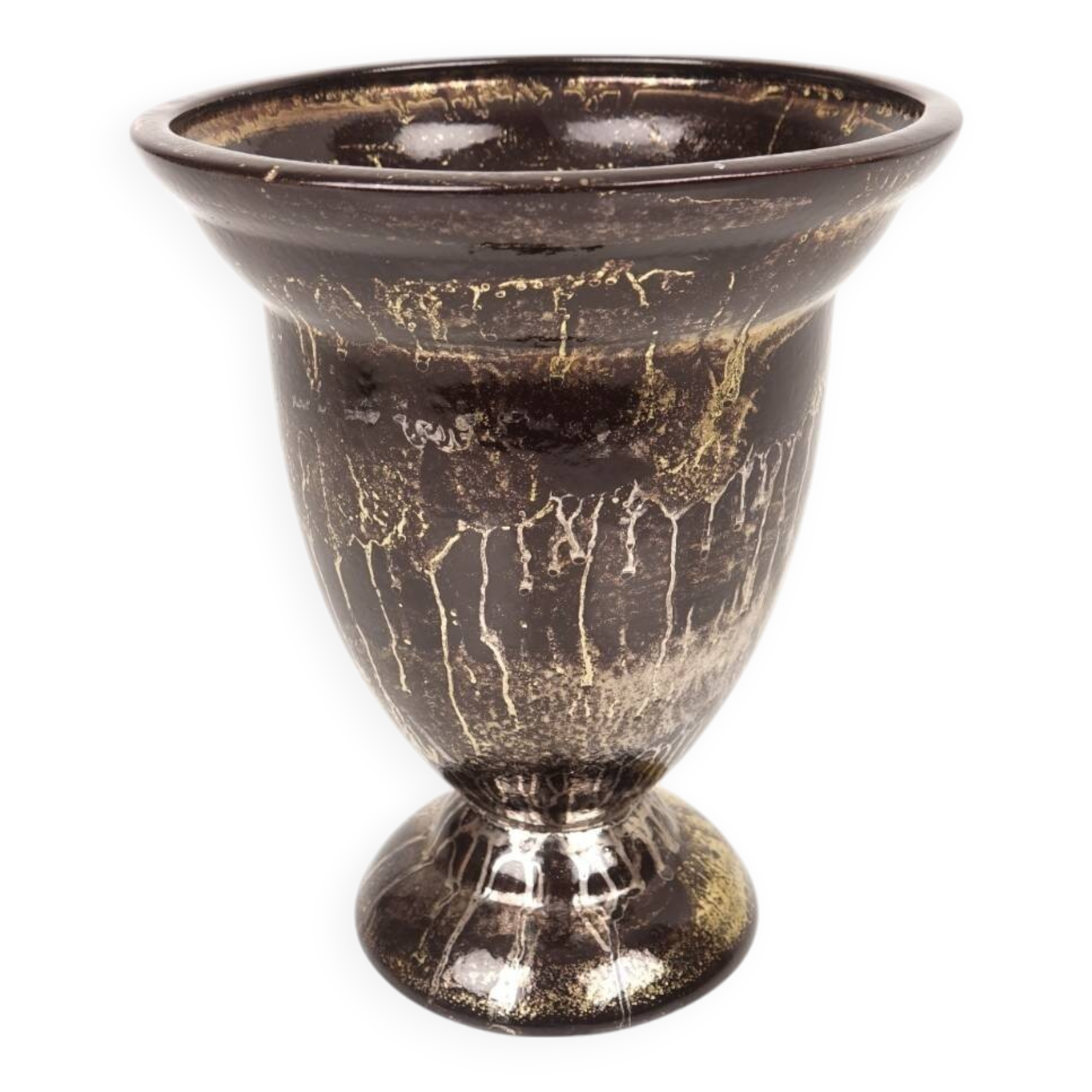 Lucien BRISDOUX Vase or bowl in black ceramic and gold oil