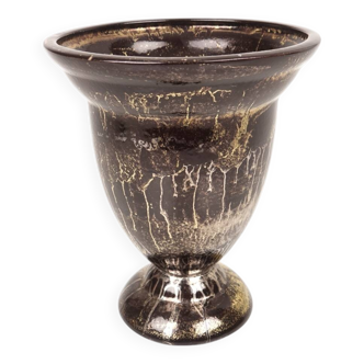 Lucien BRISDOUX Vase or bowl in black ceramic and gold oil