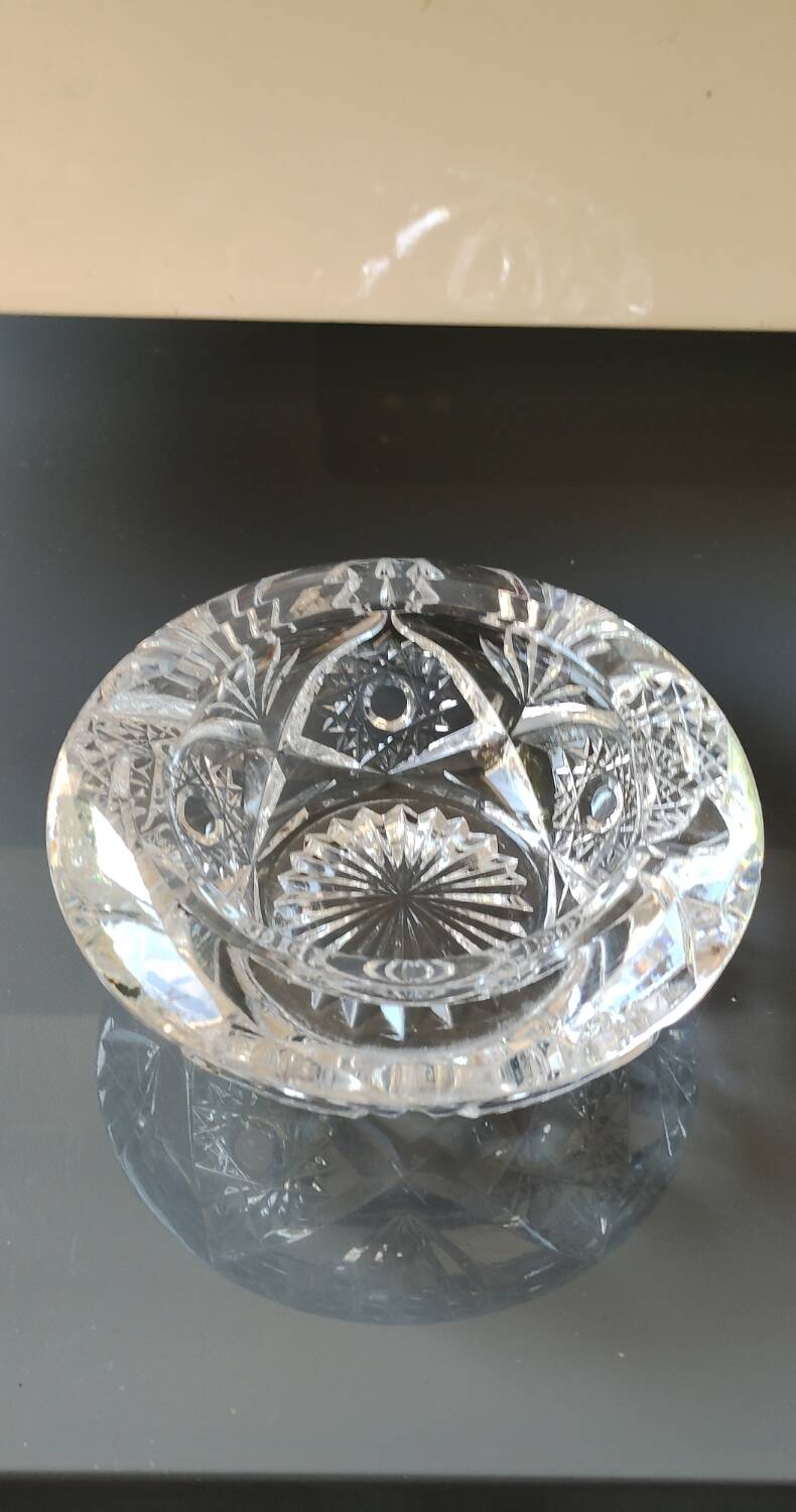 Bohemian cut crystal ashtray/pocket tray. Star/cross-hatched motifs.