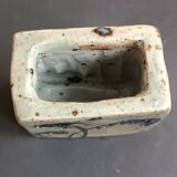 Pyrite stone vase with blue thistle decoration by Suzanne Dauliach, vintage.