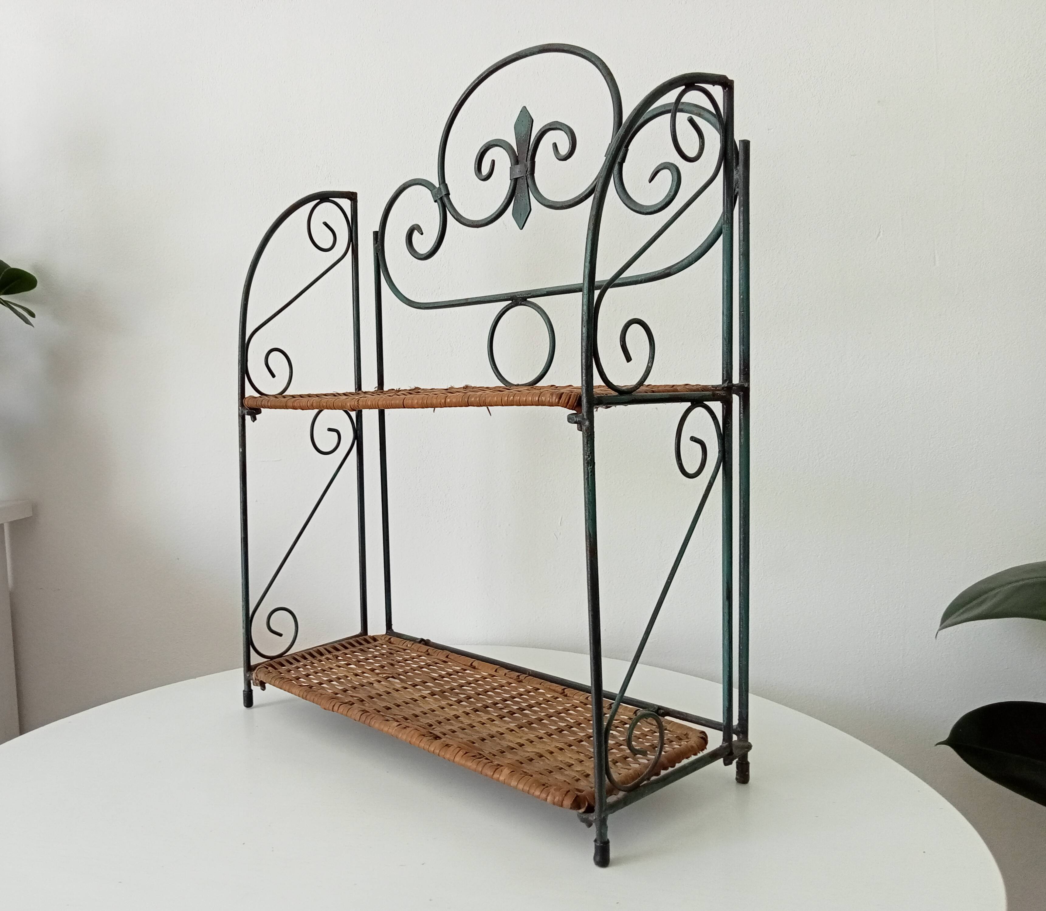 Vintage wall or table shelf in wrought iron and rattan
