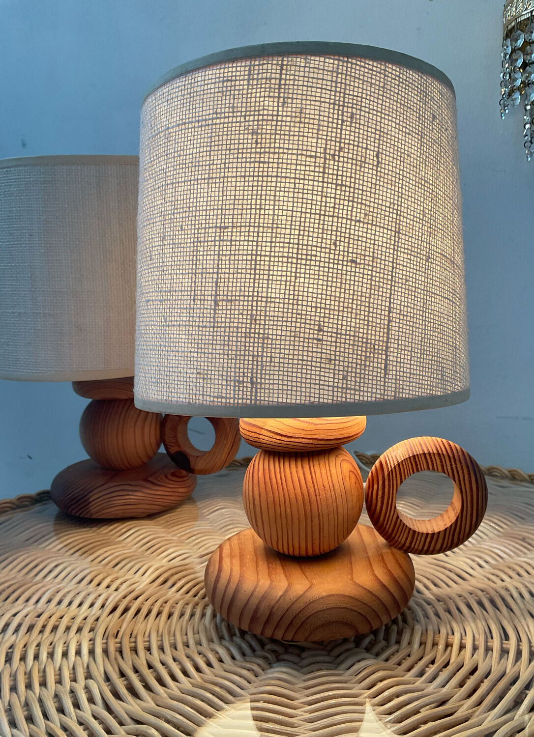 Pair of Scandinavian wooden lamps 60s-70s