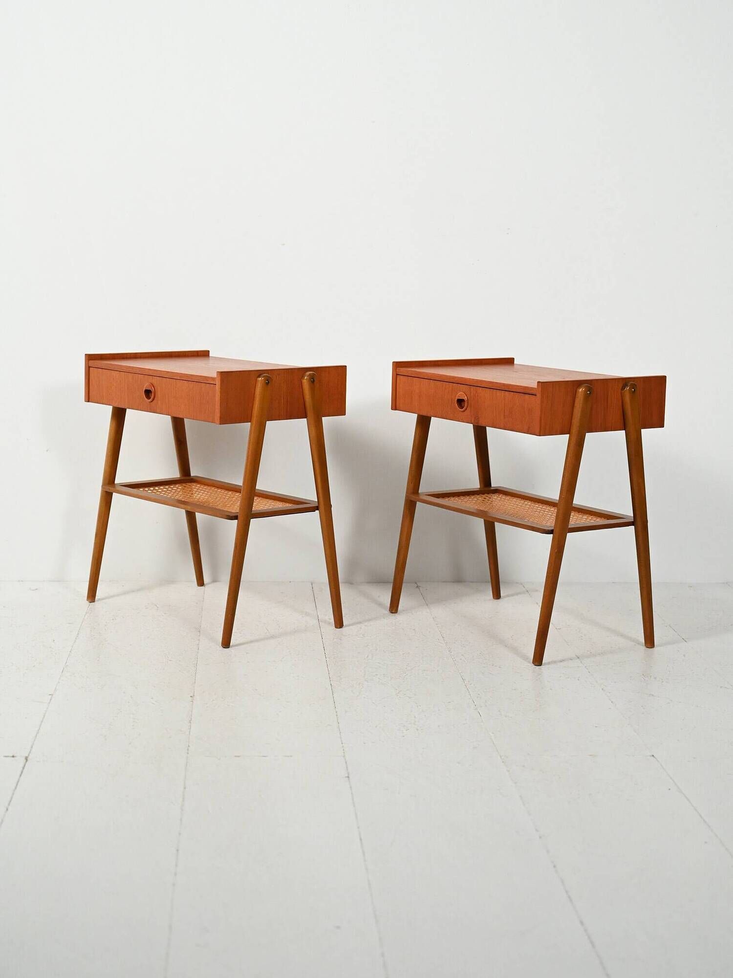 Pair of Scandinavian bedside tables in teak with Vienna cane