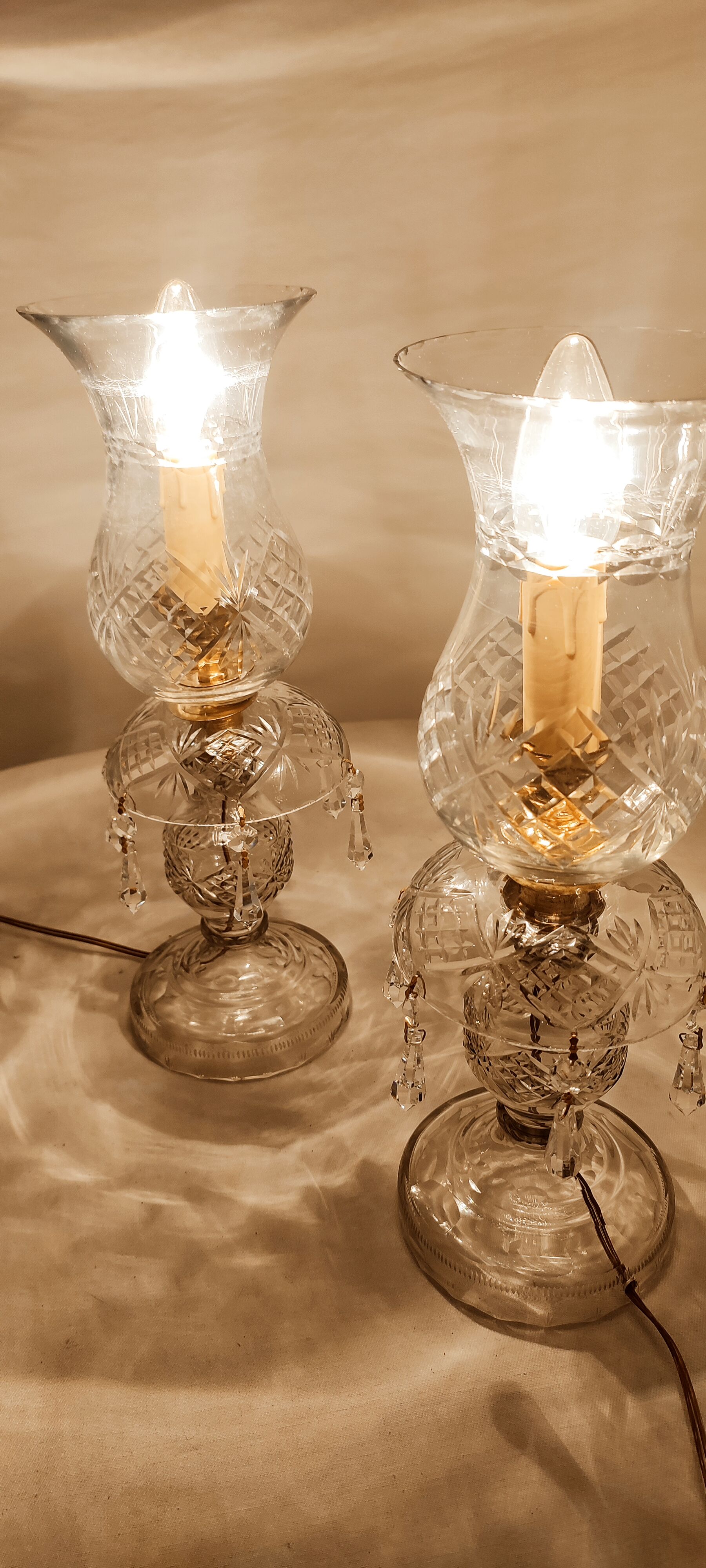 Pair of cut glass table lamps, France, 1950s