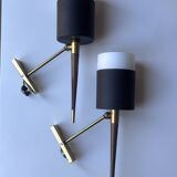 Pair of vintage arlus wall lights – black metal, brass, opaline glass & wood –