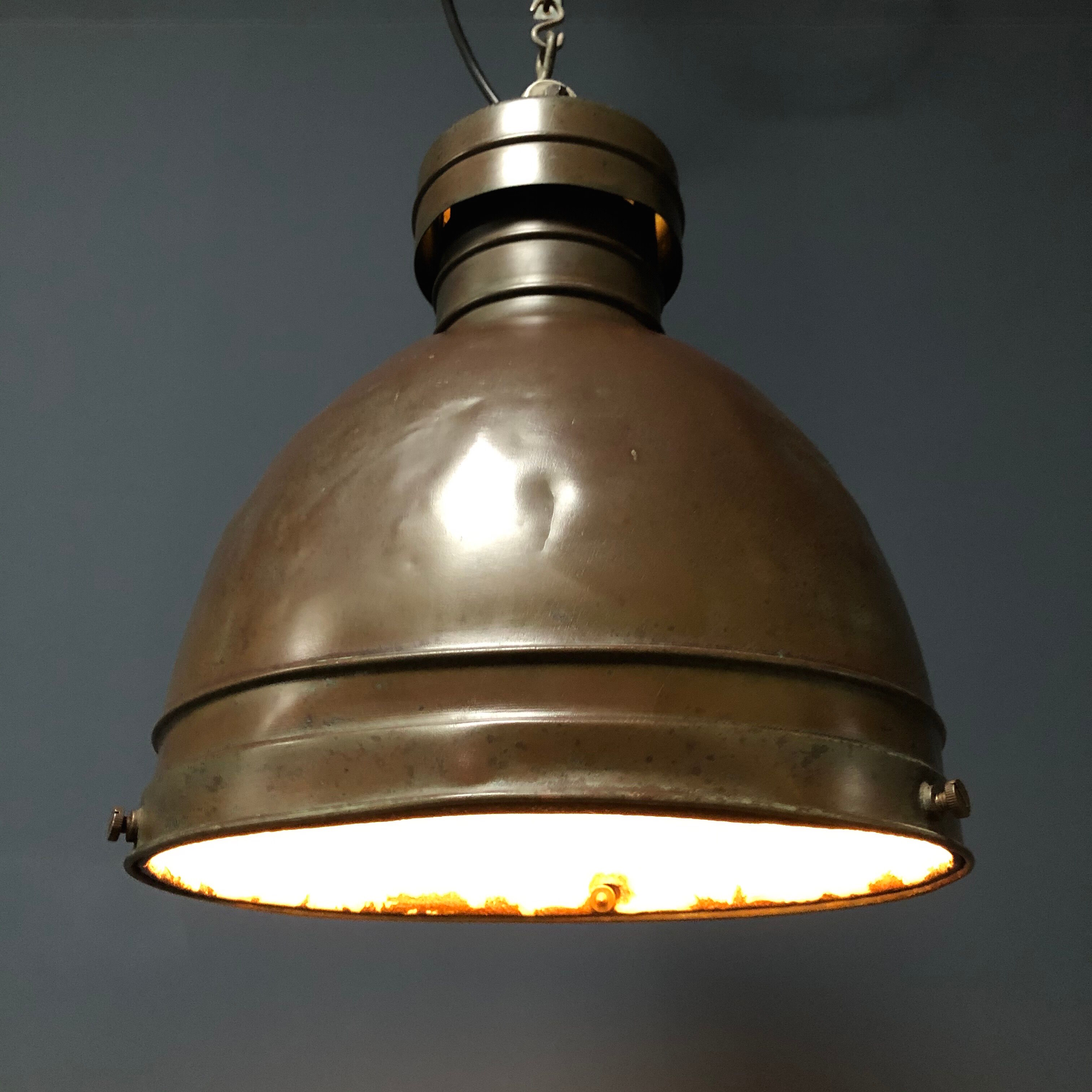 Old copper industrial church pendant light, Dutch 1930