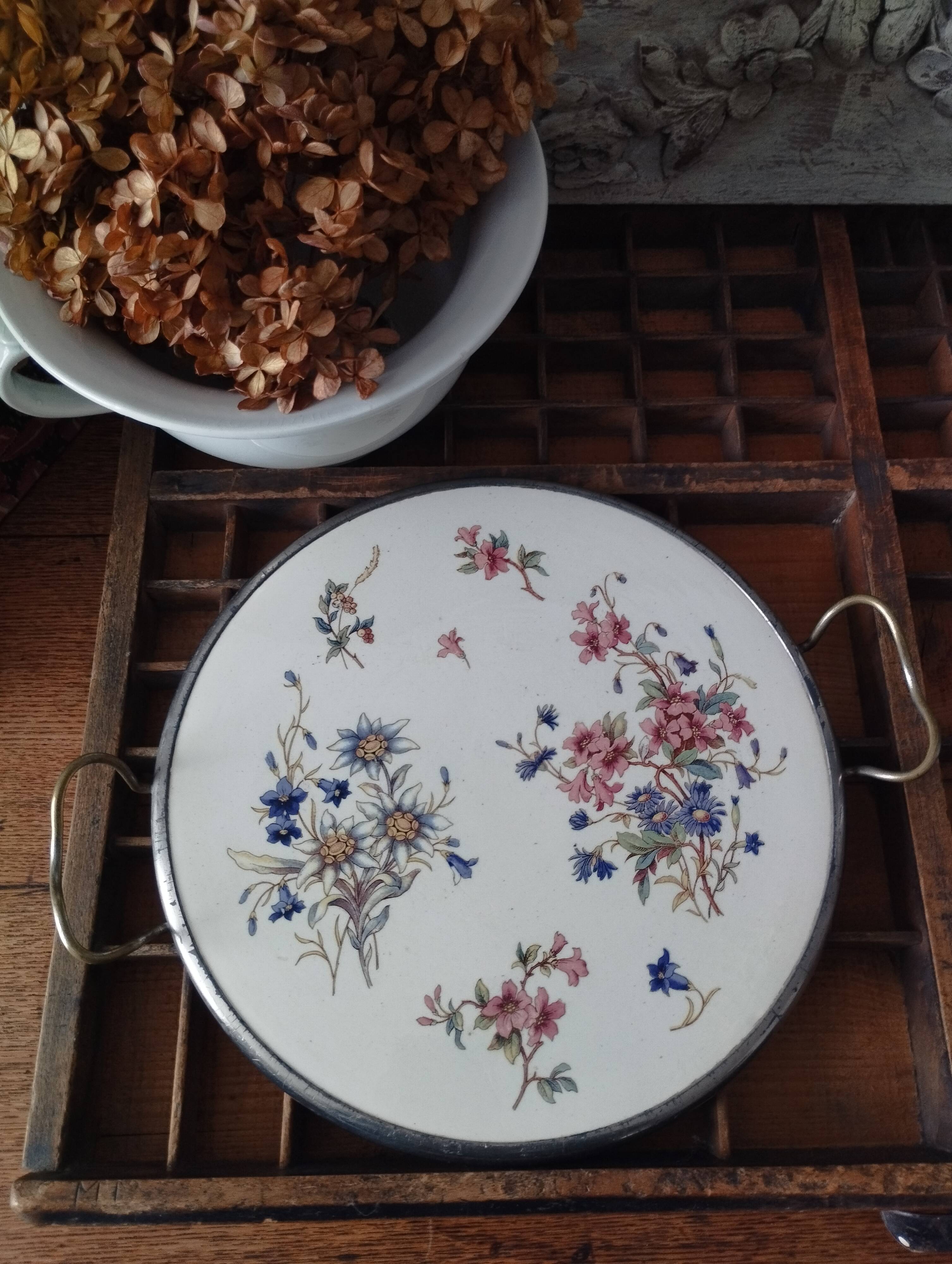Sarreguemines Digoin “Righi” earthenware tray, metal rim and handles.