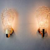 Pair of frosted leaf wall lights, Murano glass, Italy, 1970