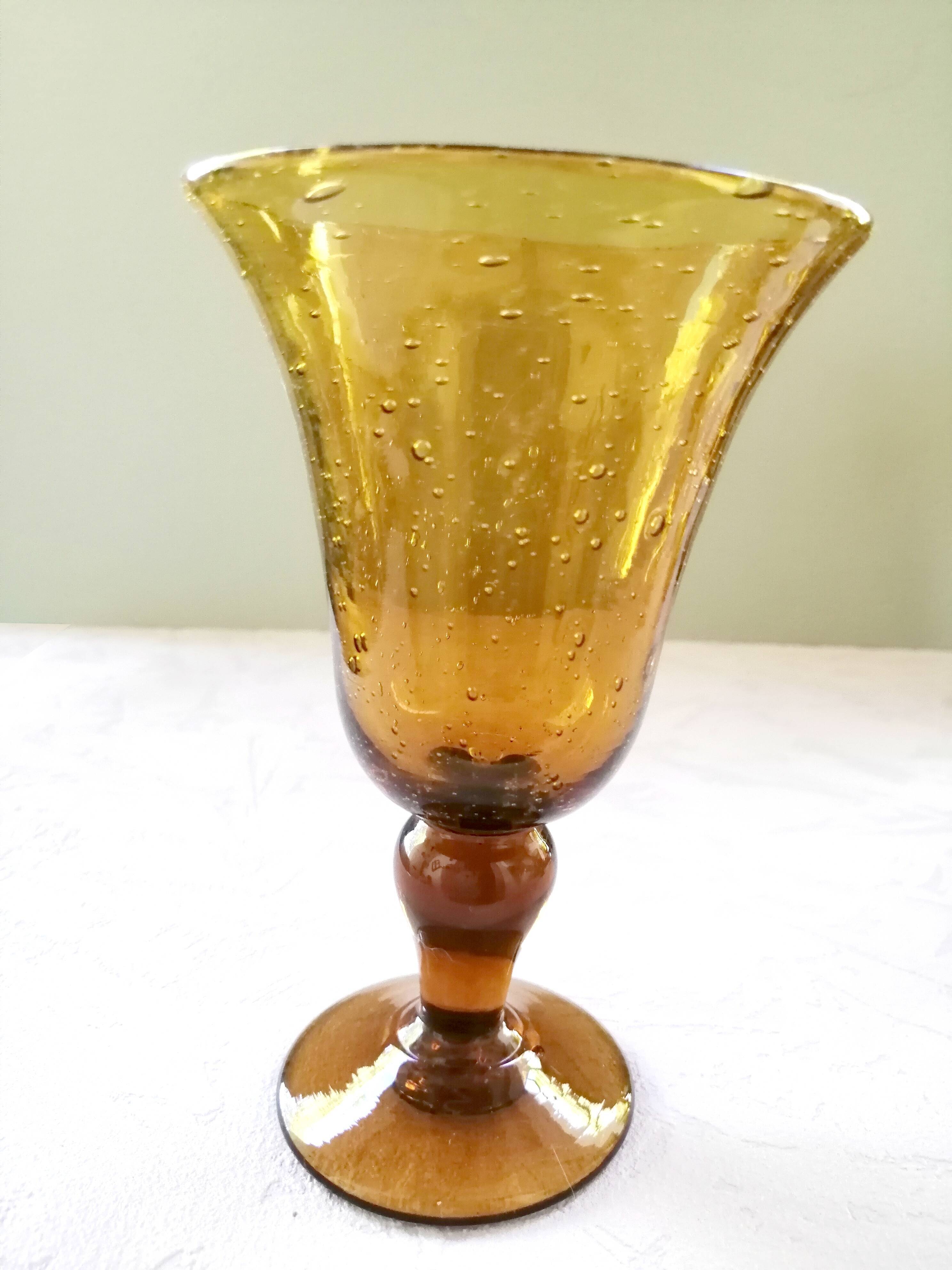Biot engraved amber and bubbled water glasses, 70s