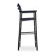 A pair of bar stools with a navy blue leather backrest and black rubber.