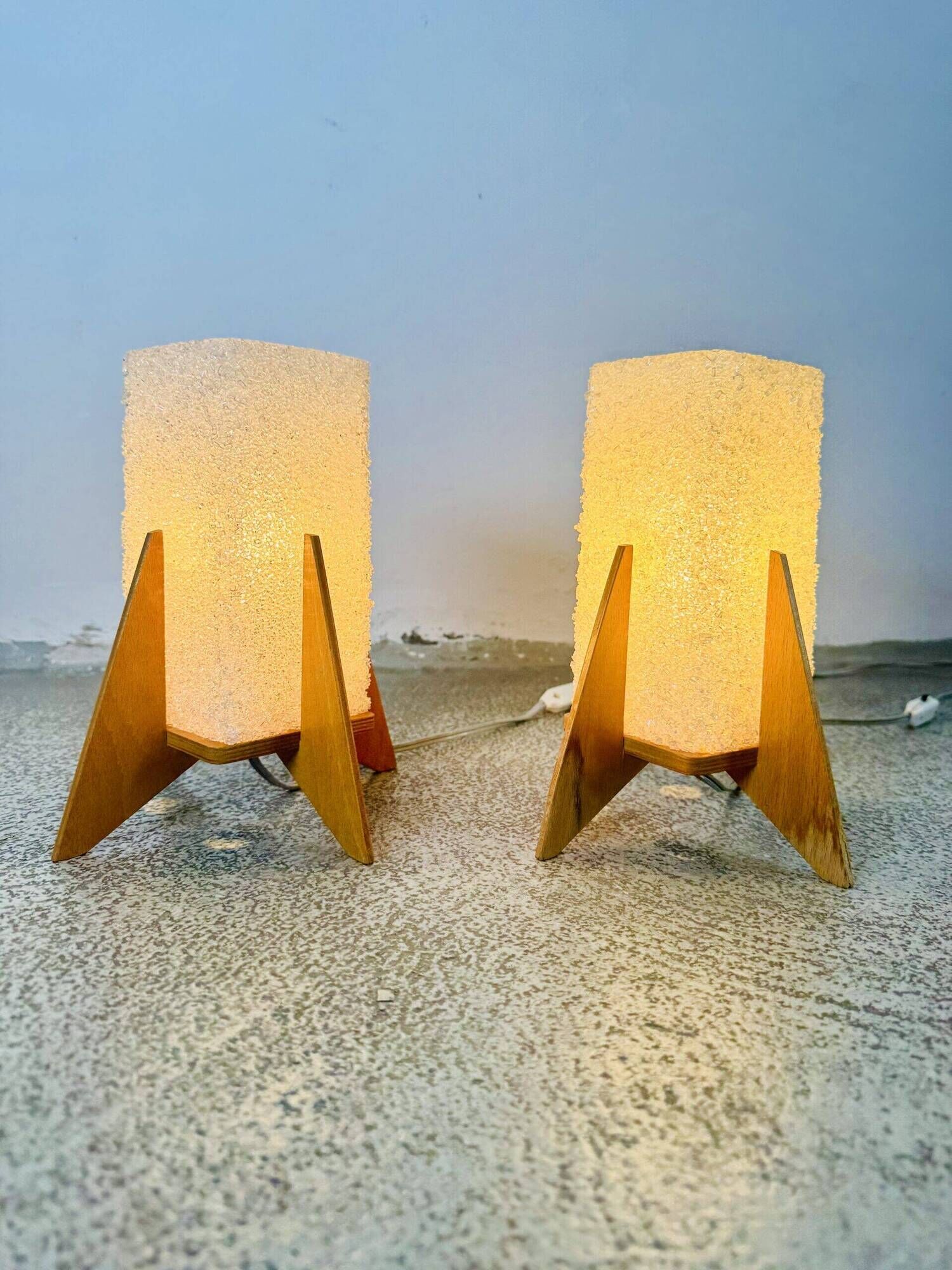 Rocket Desk Lamps In Wood & Glass Crystal By Pokrok Zilina, Poland 1970S