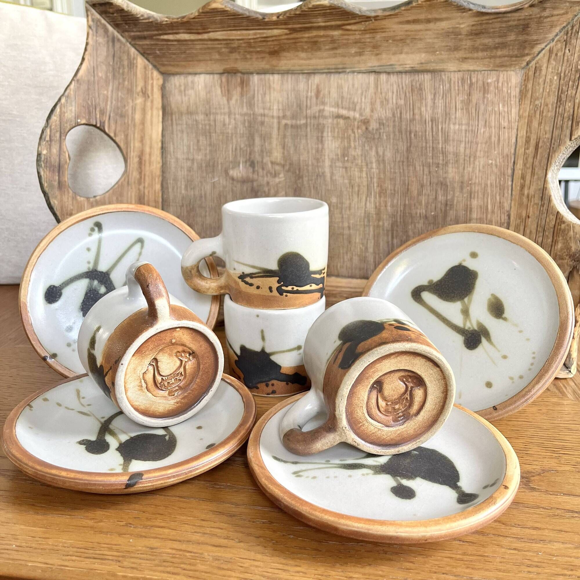 Coffee cups and plates Poterie de La Colombe tachist stoneware 50/60