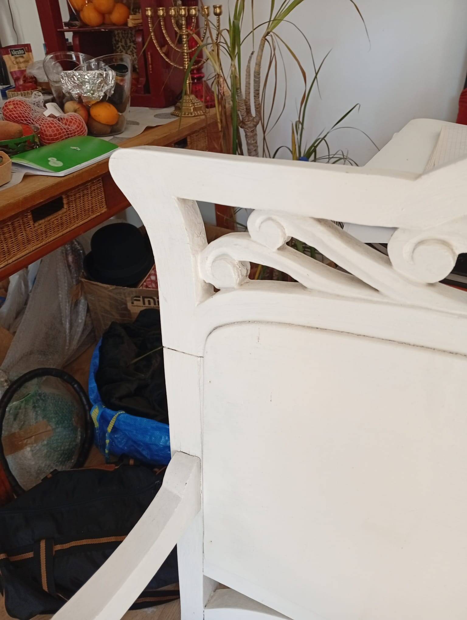 Art Nouveau wooden bench, colonial style, period, renovated.