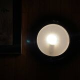 Thick glass ceiling light fixture with a chrome metal support, Holophane type.