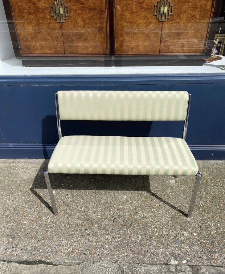 Chrome Bench Green Stripped 1970s Hollywood Regency Modernist Vintage