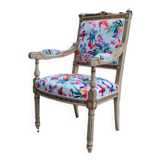 Louis XVI style armchair upholstered with butterfly pattern