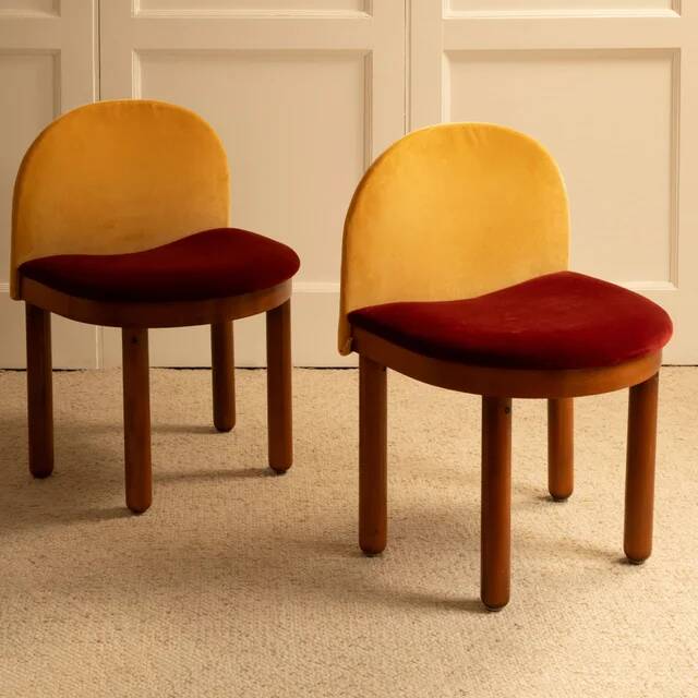 2 wooden and velvet chairs