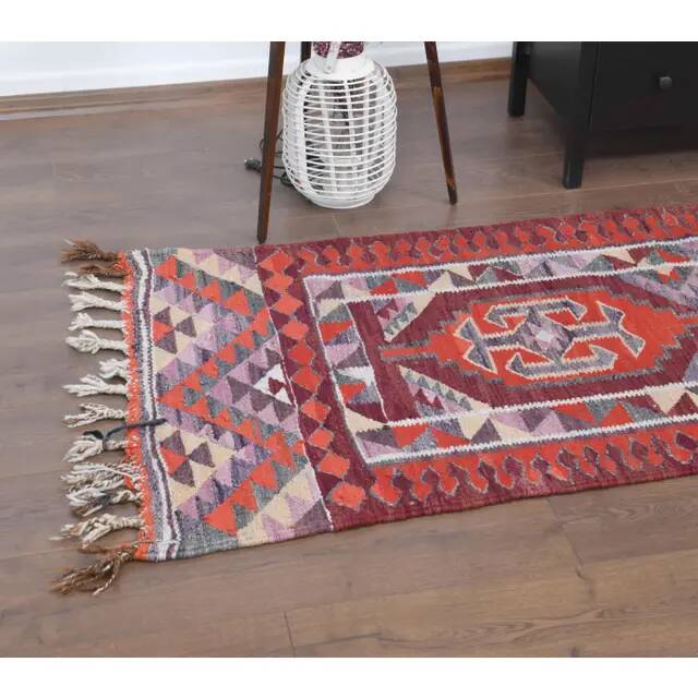 1970s Vintage Turkish Hand-Knotted Wool Cotton Red Runner Rug 89x282
