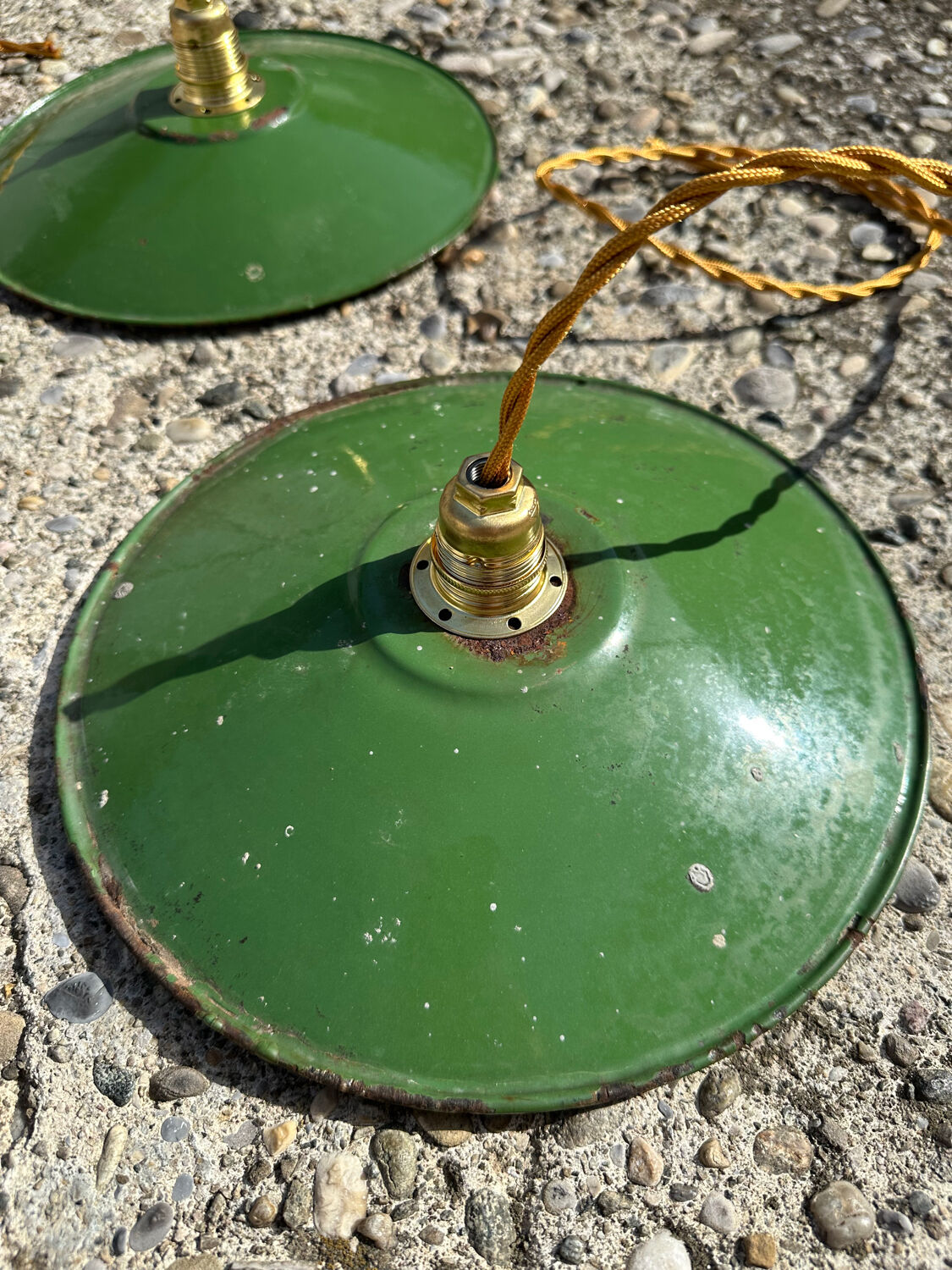 Trio of vintage pendant lights in green and white enameled sheet metal, industrial farmhouse decor