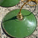 Trio of vintage pendant lights in green and white enameled sheet metal, industrial farmhouse decor