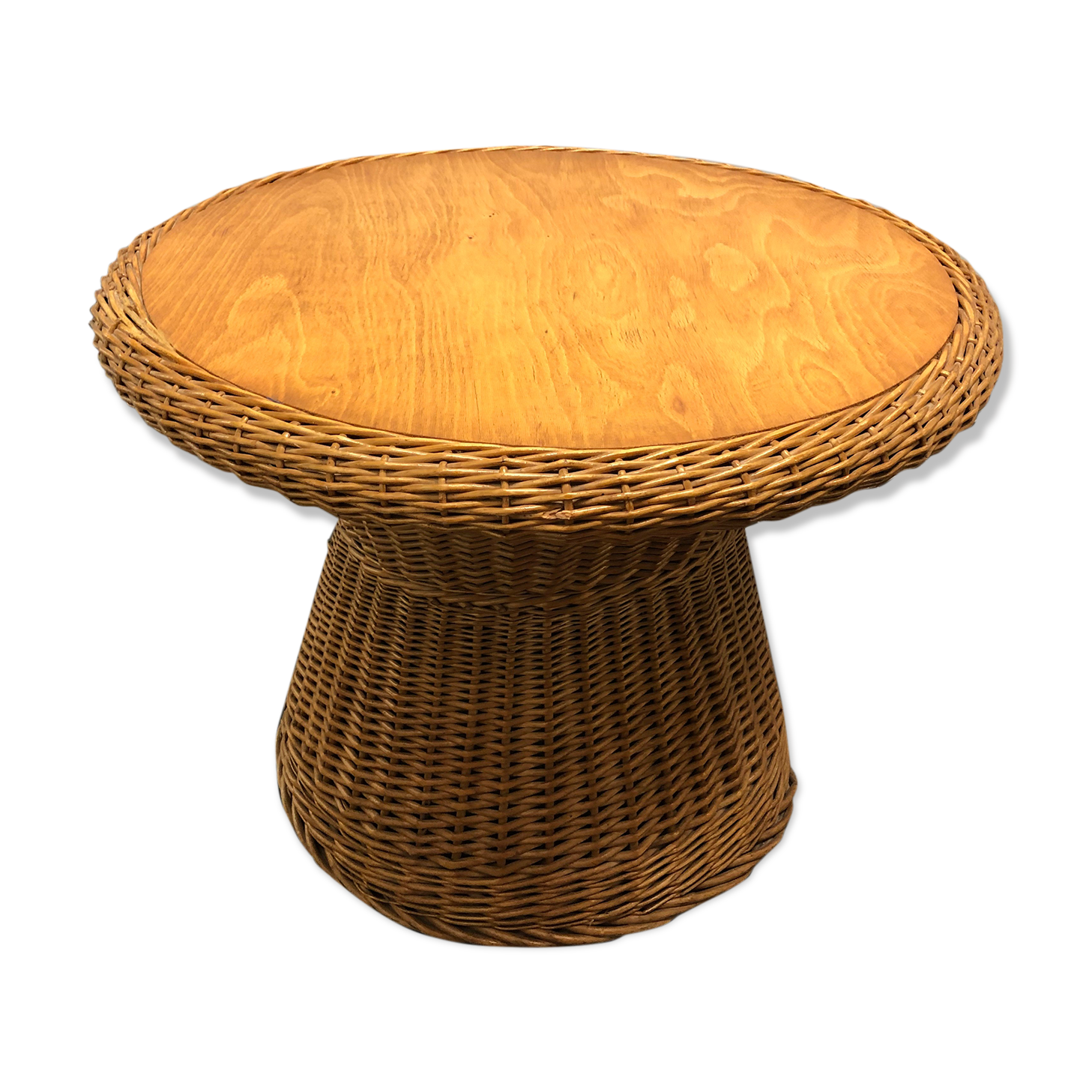 Round coffee table in rattan and varnished wood around 1960