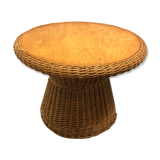 Round coffee table in rattan and varnished wood around 1960