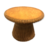 Table basse ronde en rotin et bois vernis vers 1960