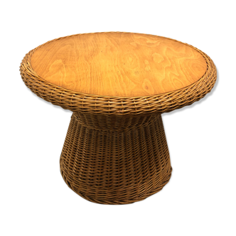Round coffee table in rattan and varnished wood around 1960
