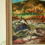Original mid-century oil painting on Swedish canvas "Autumn Day Järvsö"