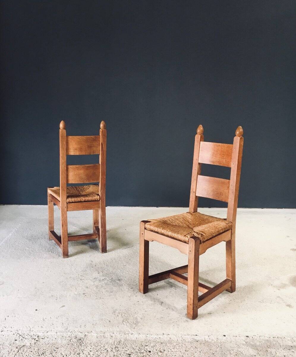 Handcrafted Oak and Rush Dining Chairs, Belgium, 1960s, Set of 6