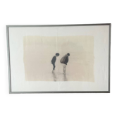Black and white photo on fabric, framed