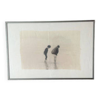 Black and white photo on fabric, framed