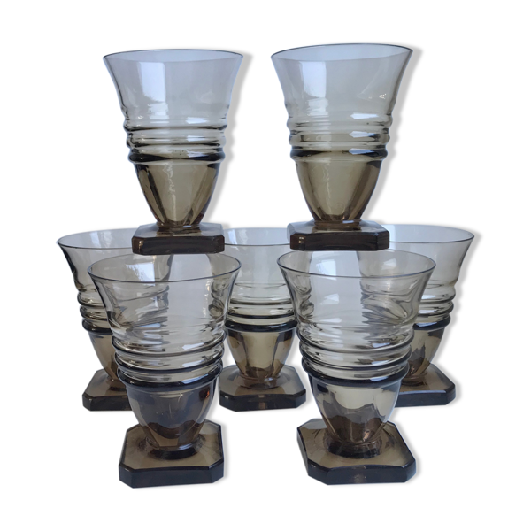 Lot de 7 verres en verre fumé art déco années 30