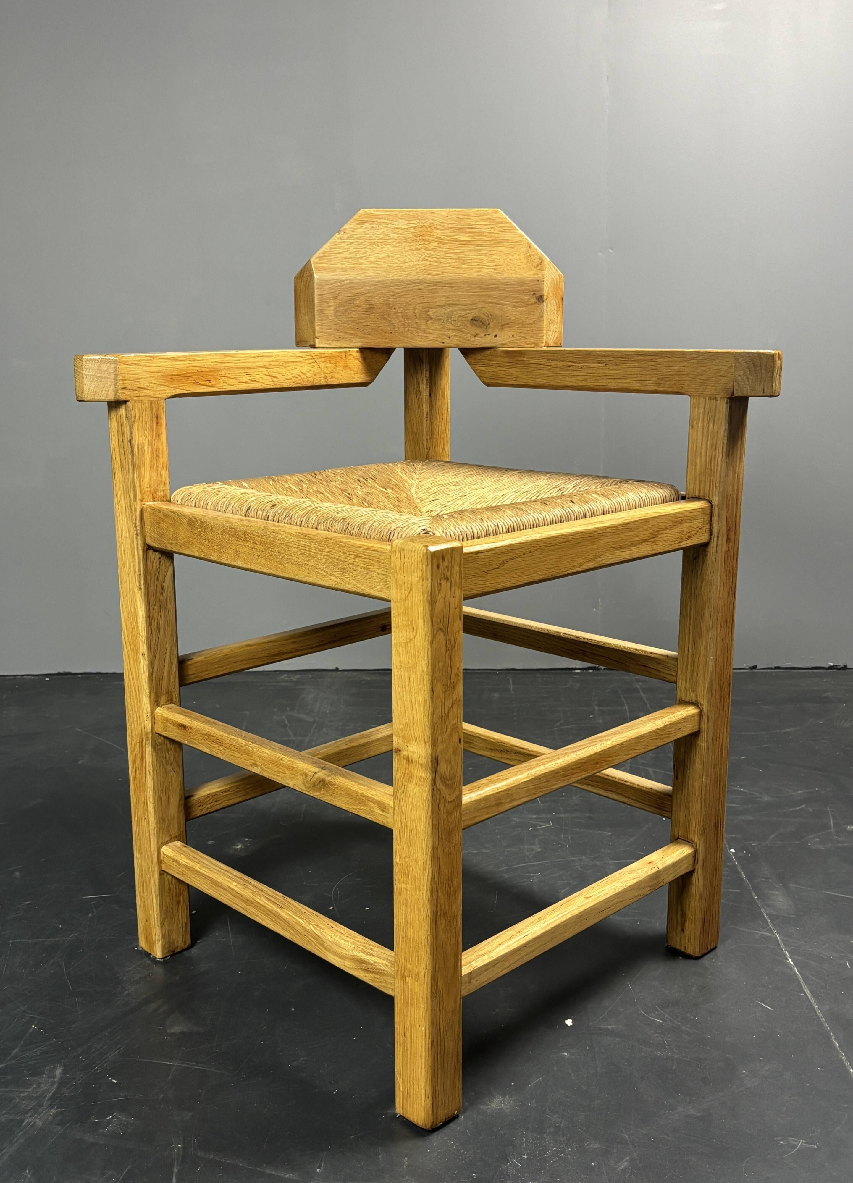 Dutch postmodern brutalist oak corner side chair with rush seat, 1970s