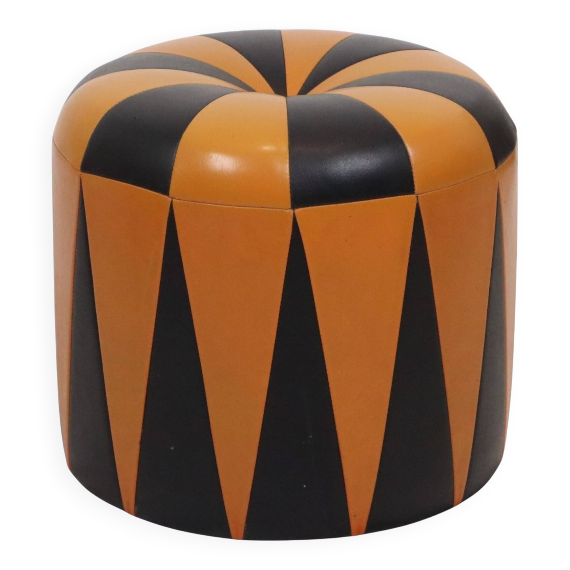 Round Vintage Pouf, Orange and Black Faux Leather (Skai), 1960s