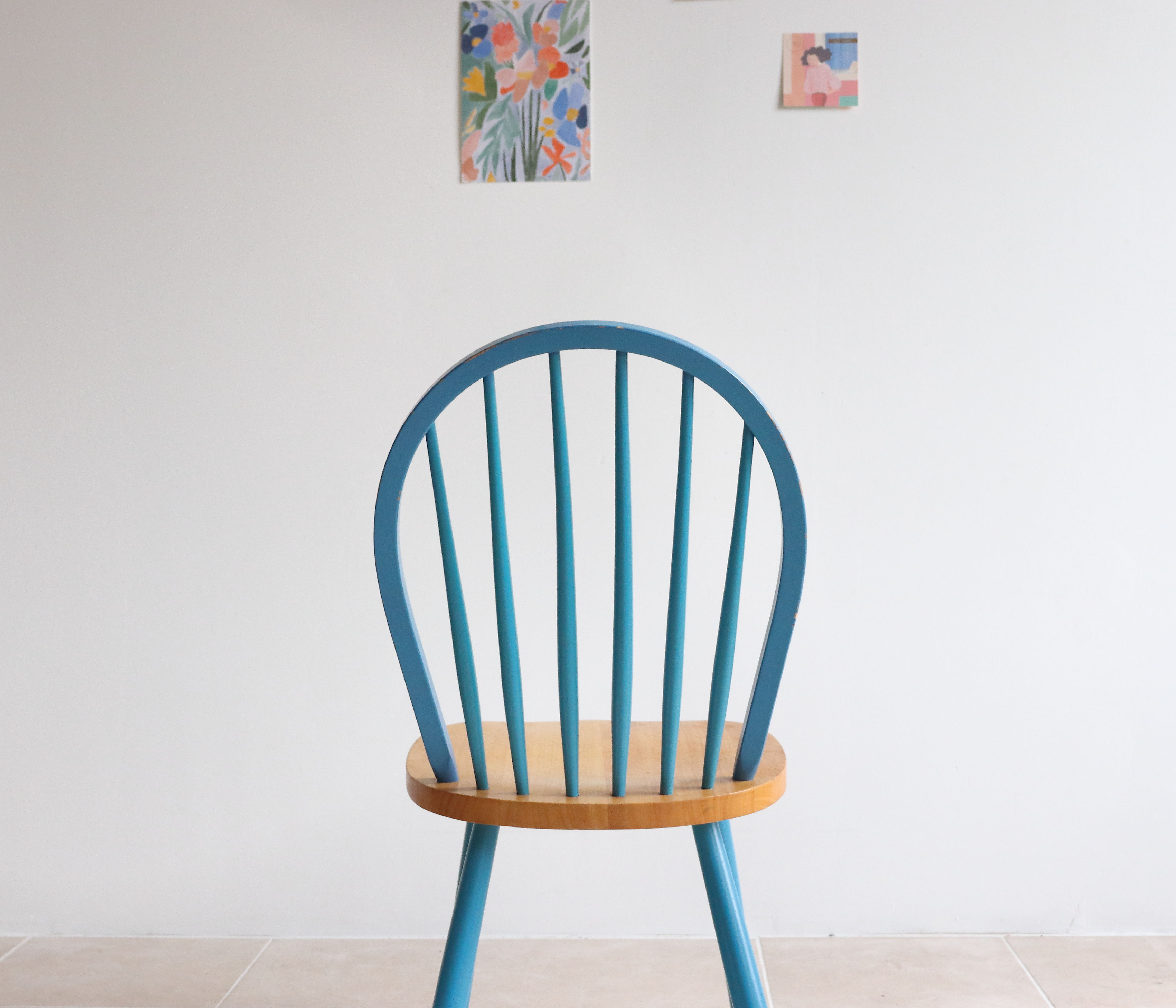 Pair of vintage Scandinavian Windsor chairs with blue bars