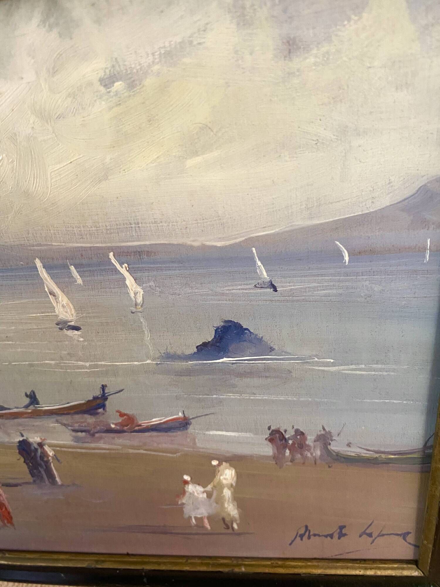 Oil painting "Fishermen of Sicily" 1960, Napoleon III frame