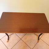 Lounge table, side table on wheels, formica top, gold and black metal
