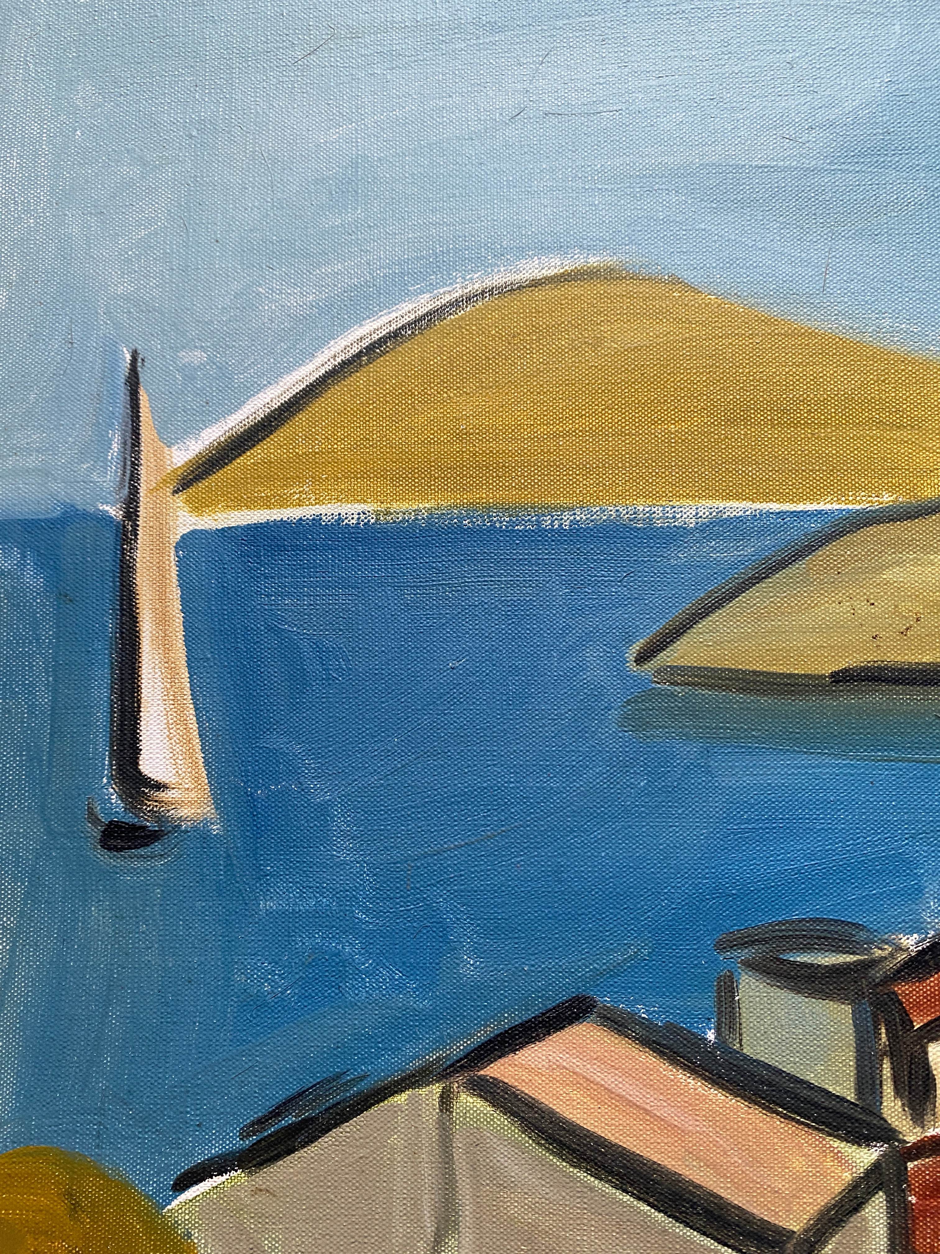 Painting "Village by the sea" made in oil on canvas signed Juanola