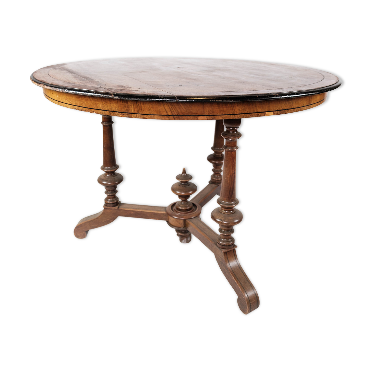 Round dining table of walnut with inlaid wood, 1890s