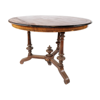 Round dining table of walnut with inlaid wood, 1890s