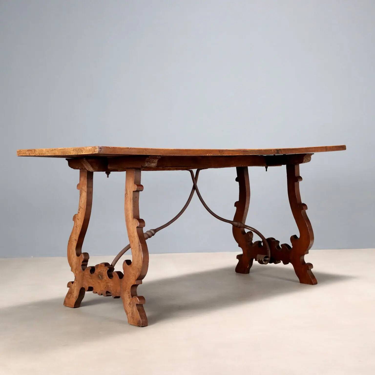 Old refectory table in walnut and wrought iron, Italy, 20th century