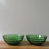 2 bols vintage en verre moulé vert facetté