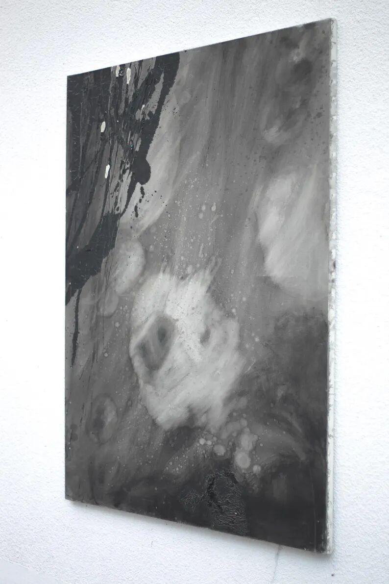 Large painting on canvas attributed to Nicole Cormier Vago, black and white canvas, wall decoration.