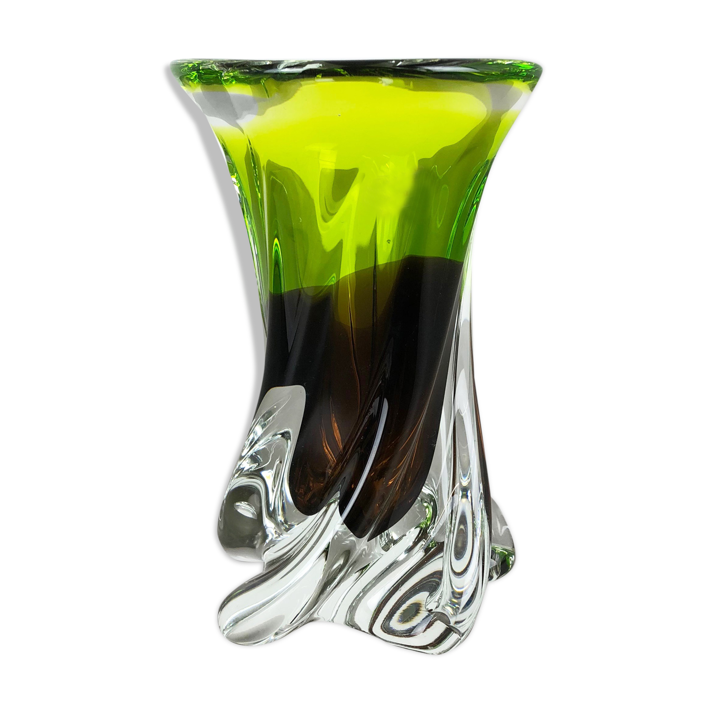 Large Vintage Green Brown Hand Blown Crystal Glass Vase by Joska, Germany, 1970s
